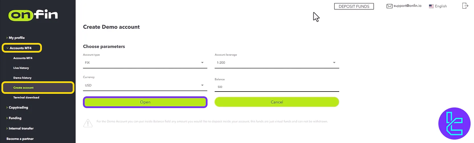 OnFin trading cabin account creation form