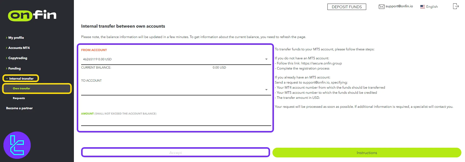 OnFin internal transfer execution dashboard