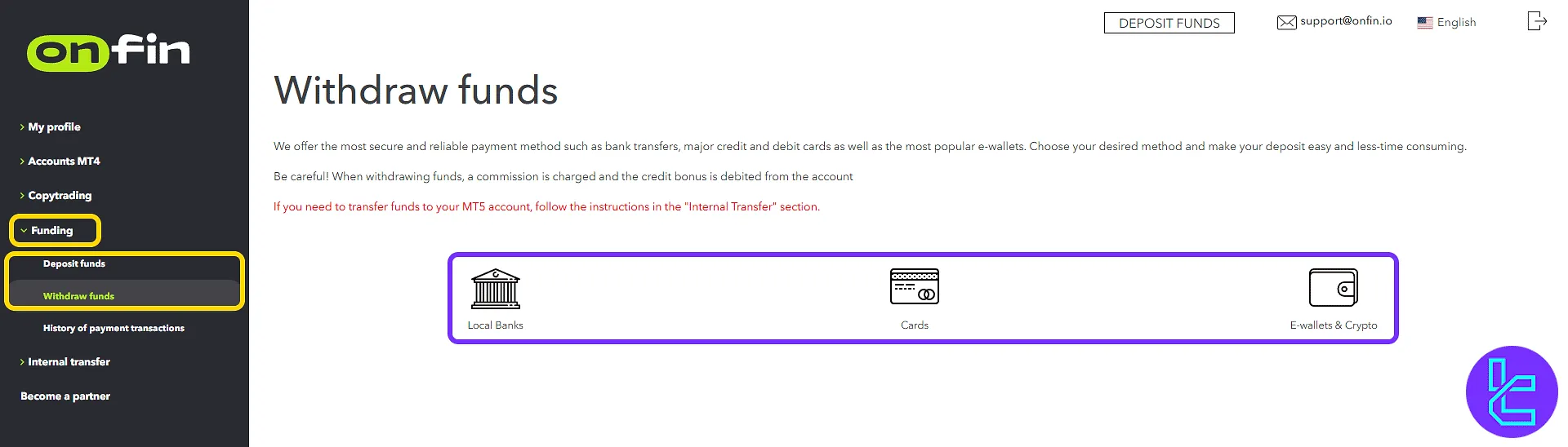 OnFin trading cabin deposit methods and withdrawal form