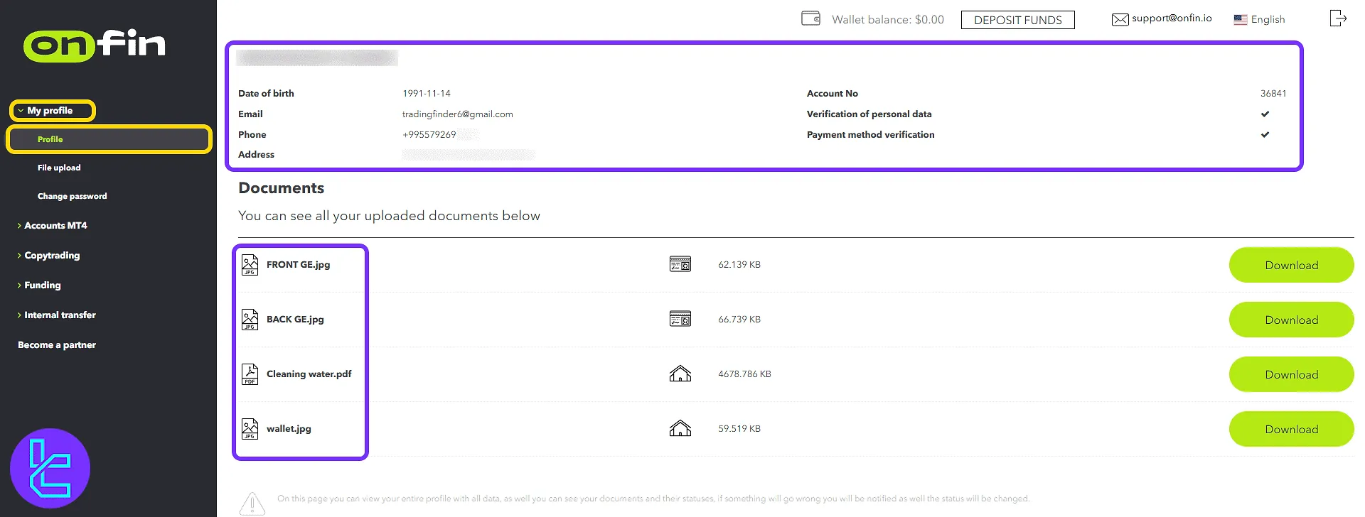 OnFin trading cabin personal profile access and file review