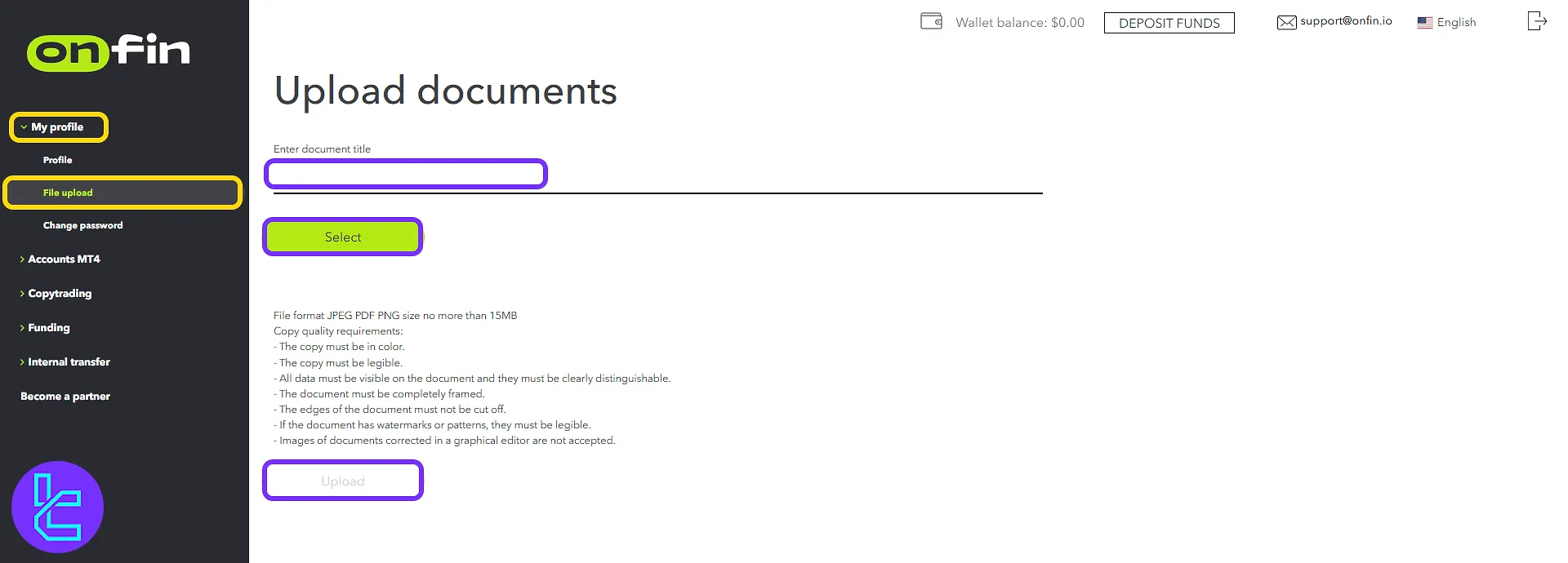 OnFin trading cabin KYC document upload section