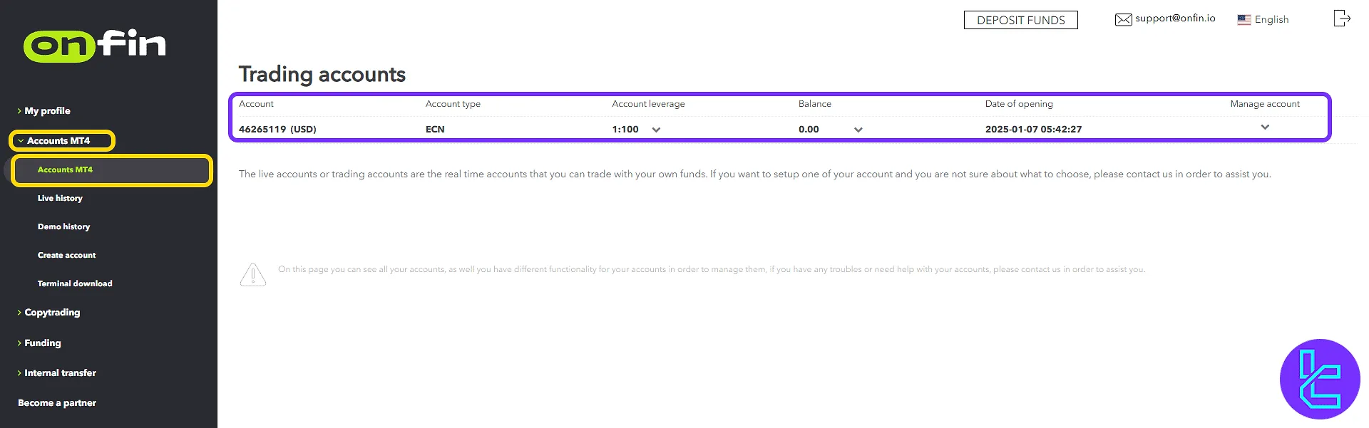 OnFin trading cabin MT4 account list and balance management