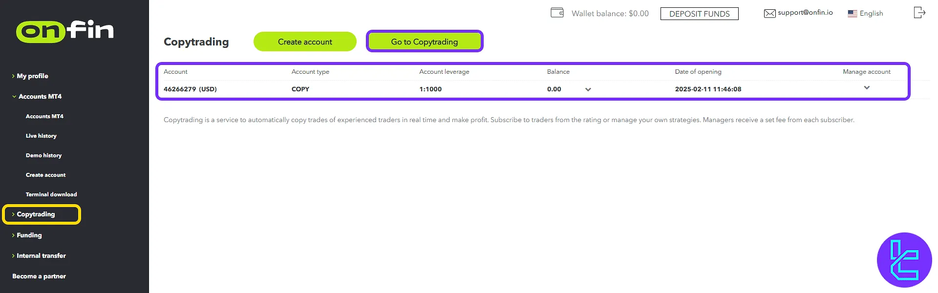 OnFin copy trading account overview and creation in the trading cabin