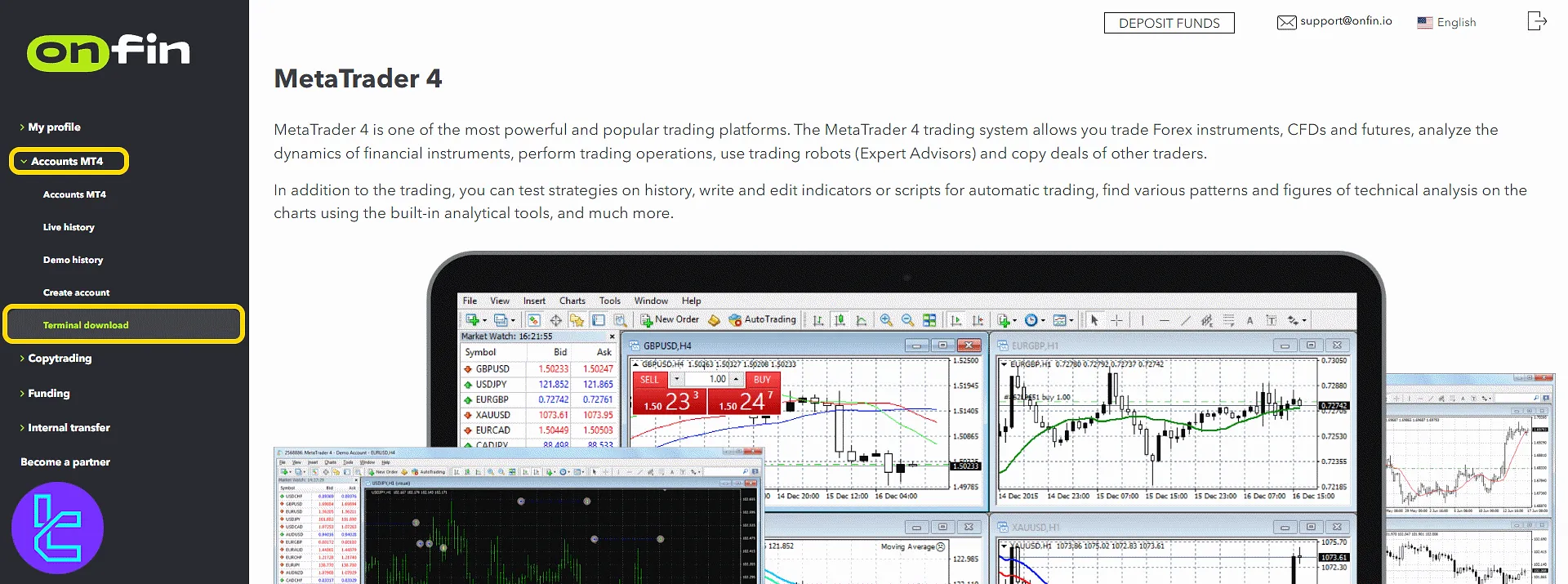 OnFin trading cabin terminal download screen