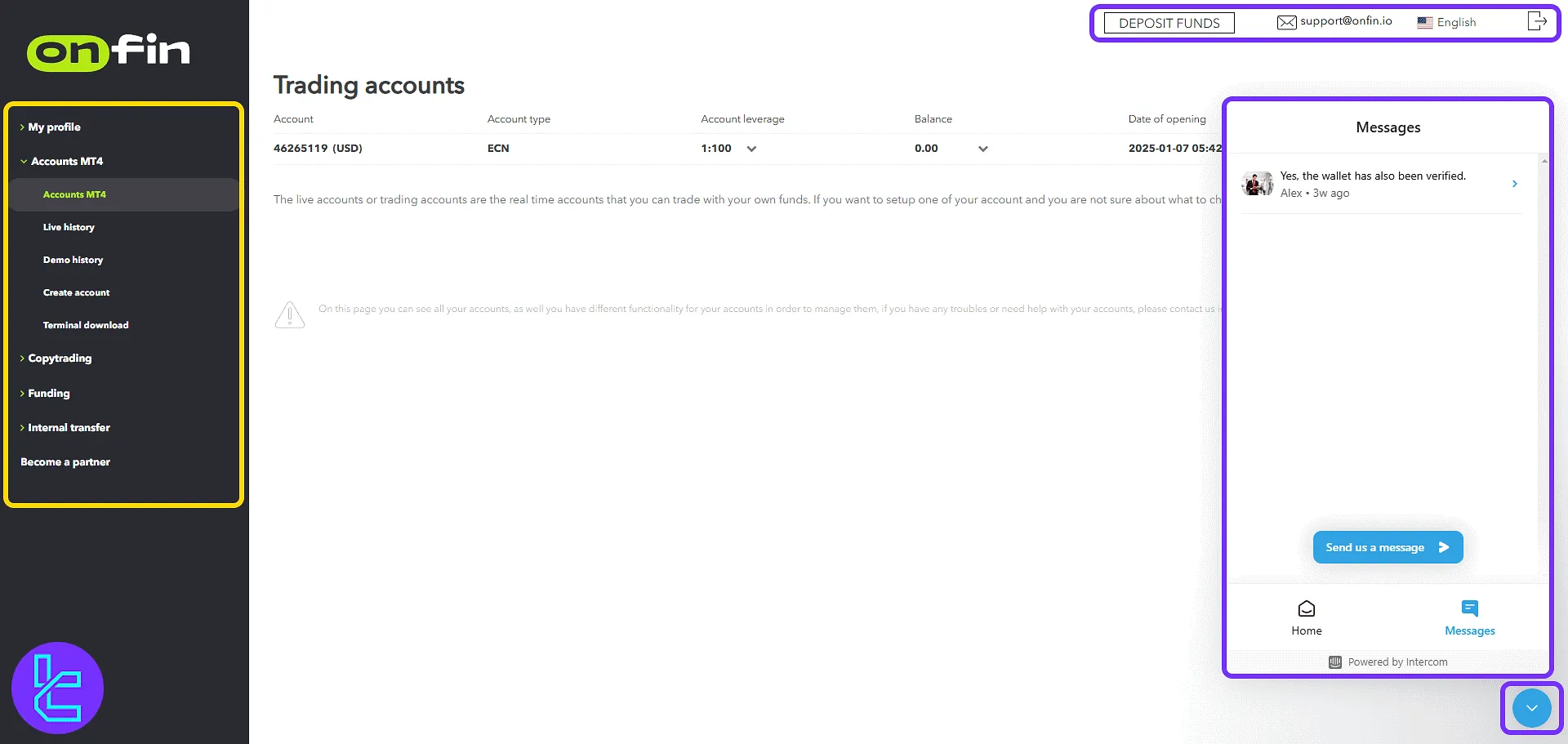 OnFin trading cabin layout with navigation elements