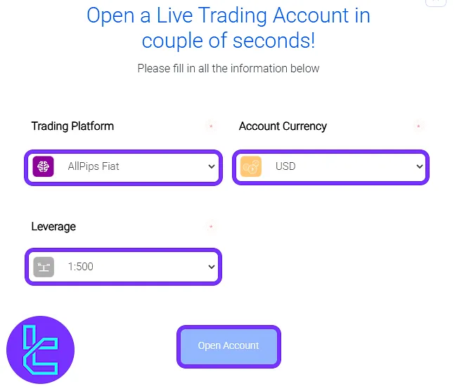 Opening a new account with currency and leverage selection in the AdroFX panel