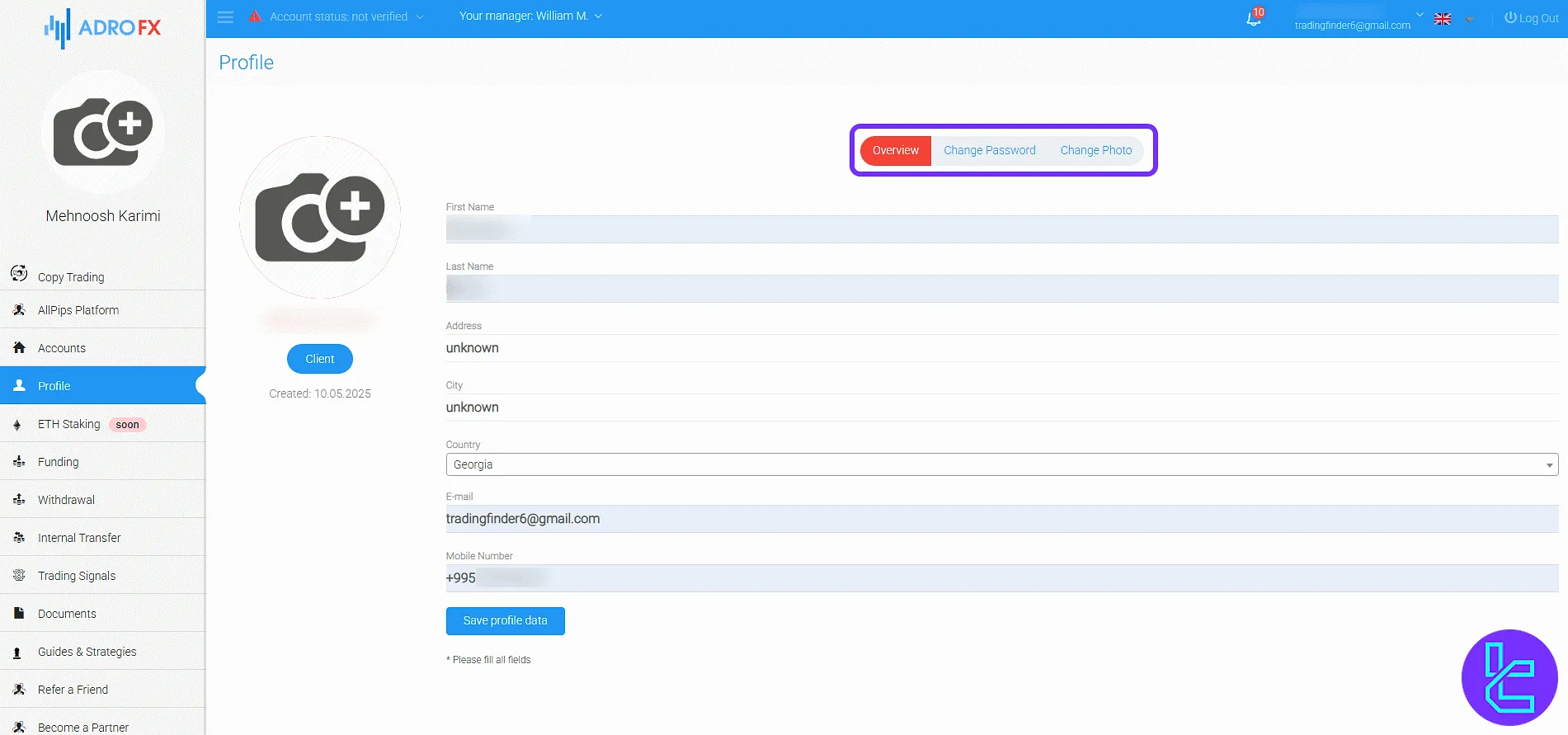 AdroFX trading panel user profile information screen