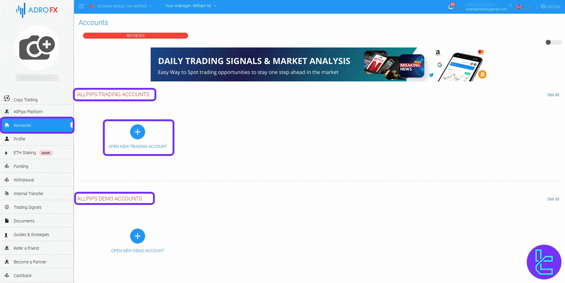 AdroFX trading cabin account list and new account options