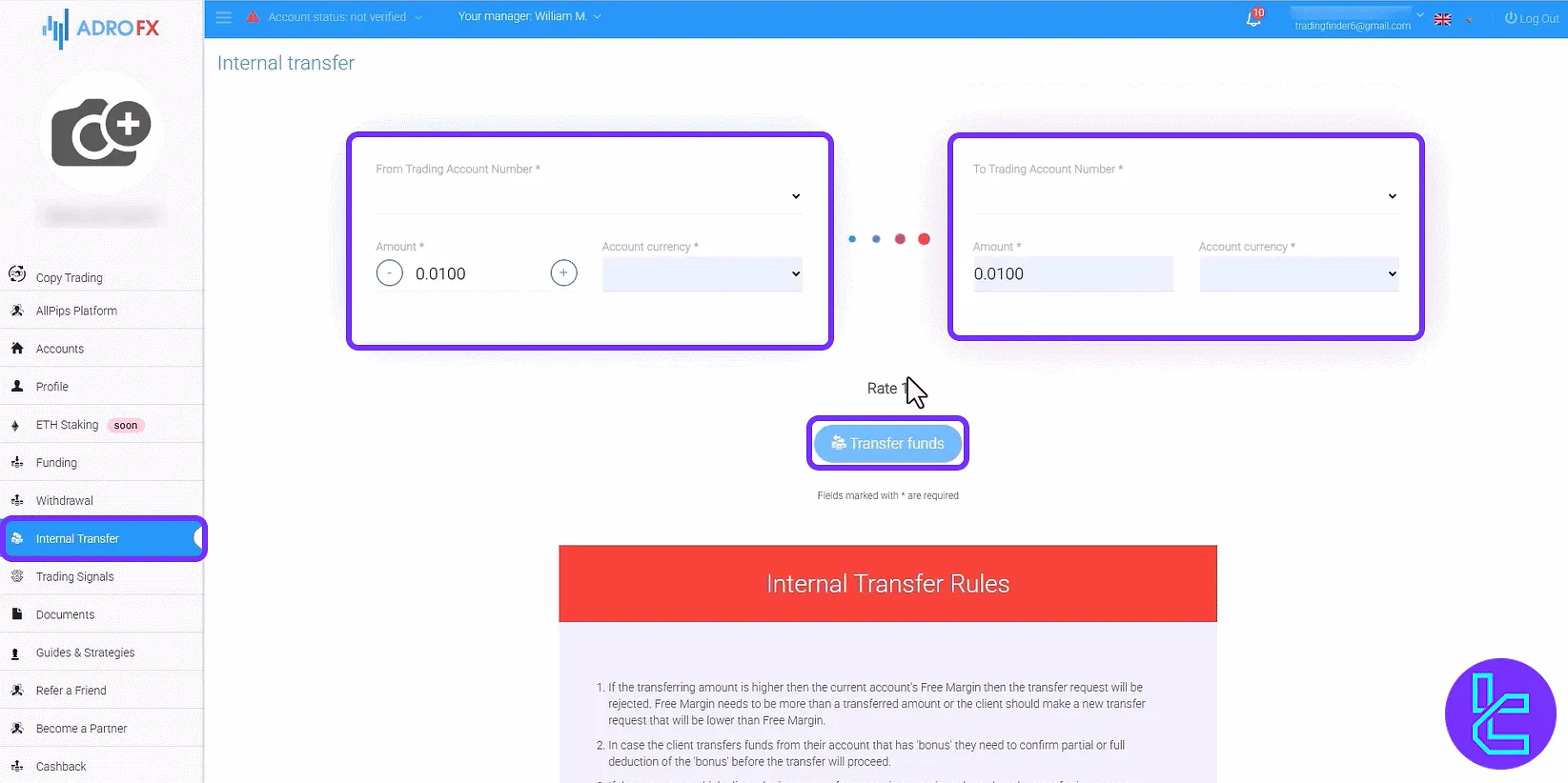 Account-to-account fund transfer inside the AdroFX panel
