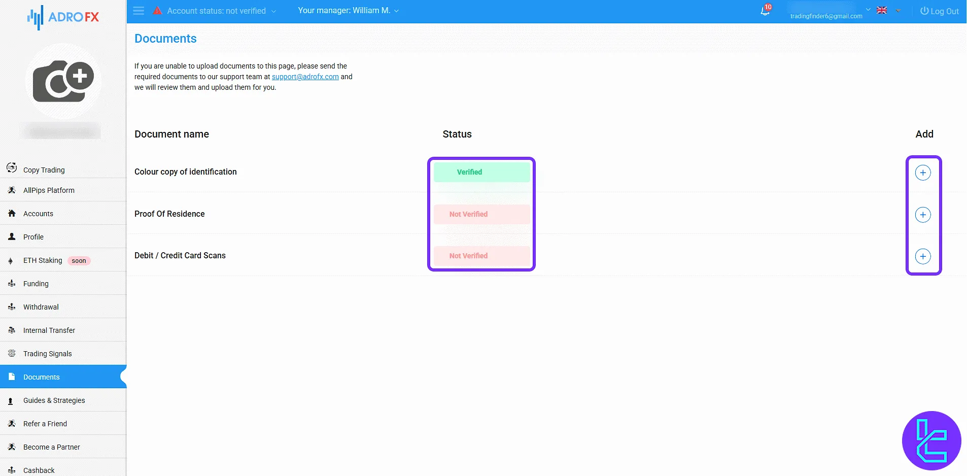 Verification document status inside the AdroFX trading cabinet
