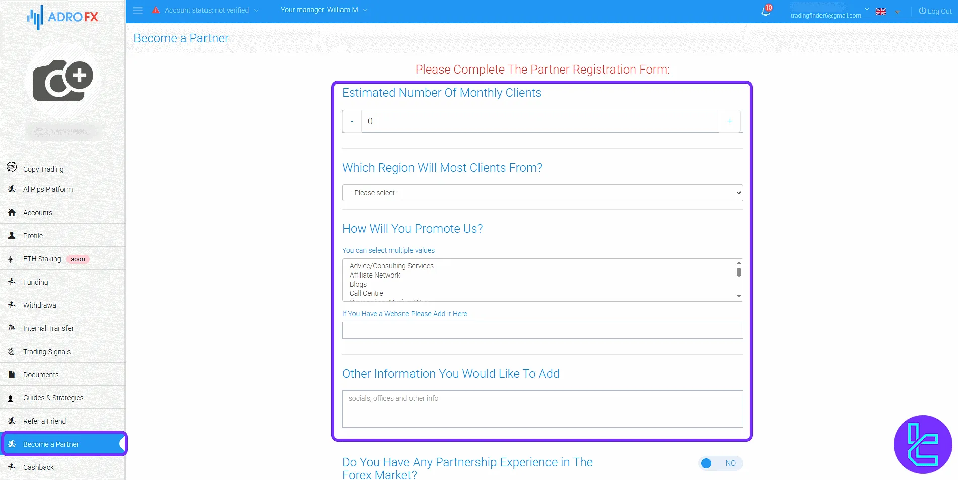 Form to apply for AdroFX partnership in the trading panel