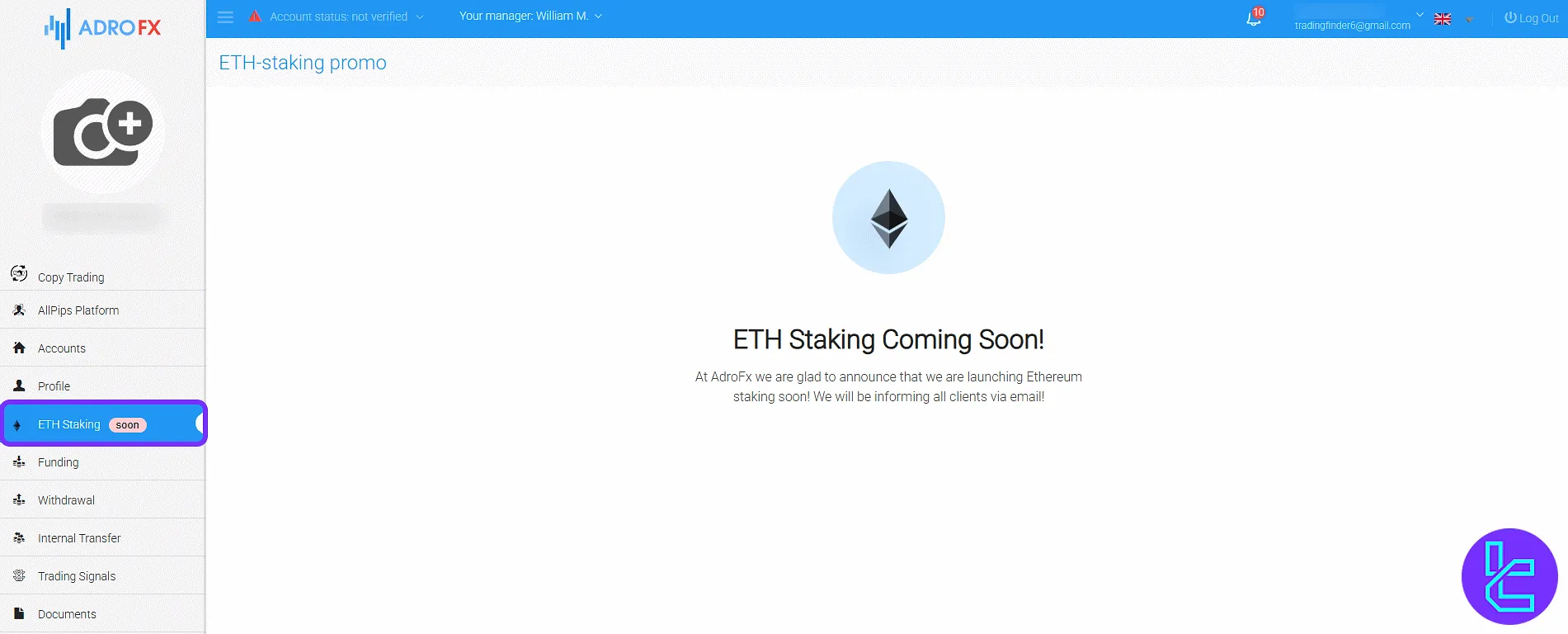 Ethereum staking section inside the AdroFX trading panel