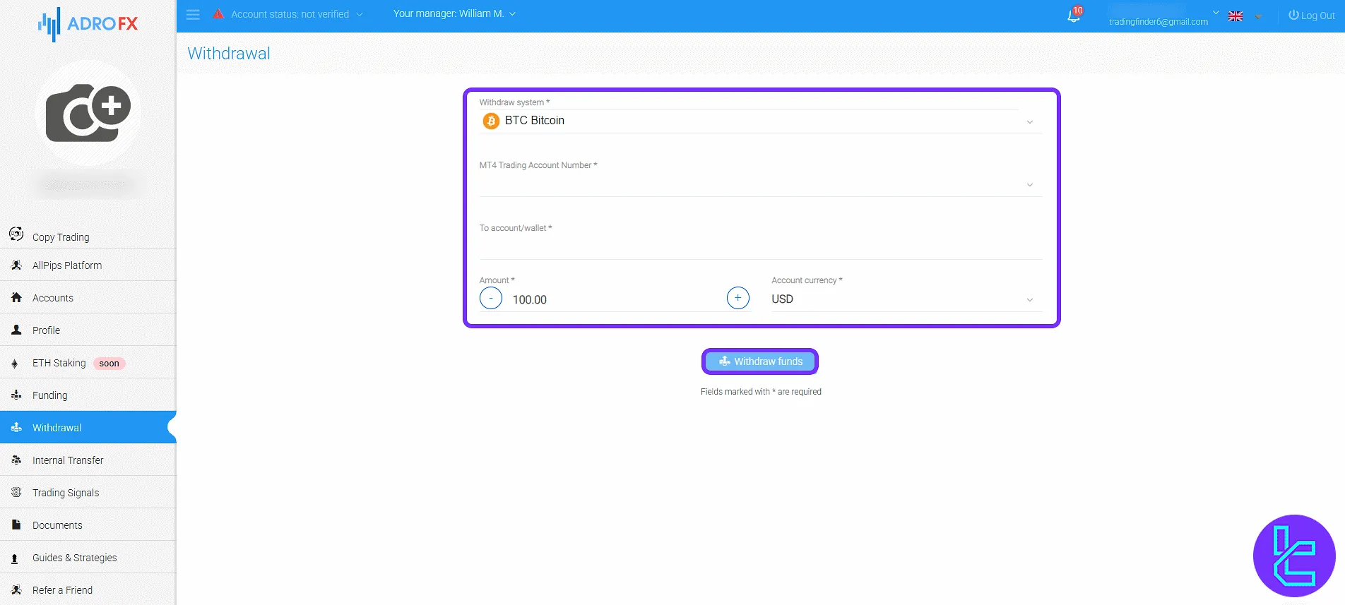 Withdrawal form submission in the AdroFX trading panel