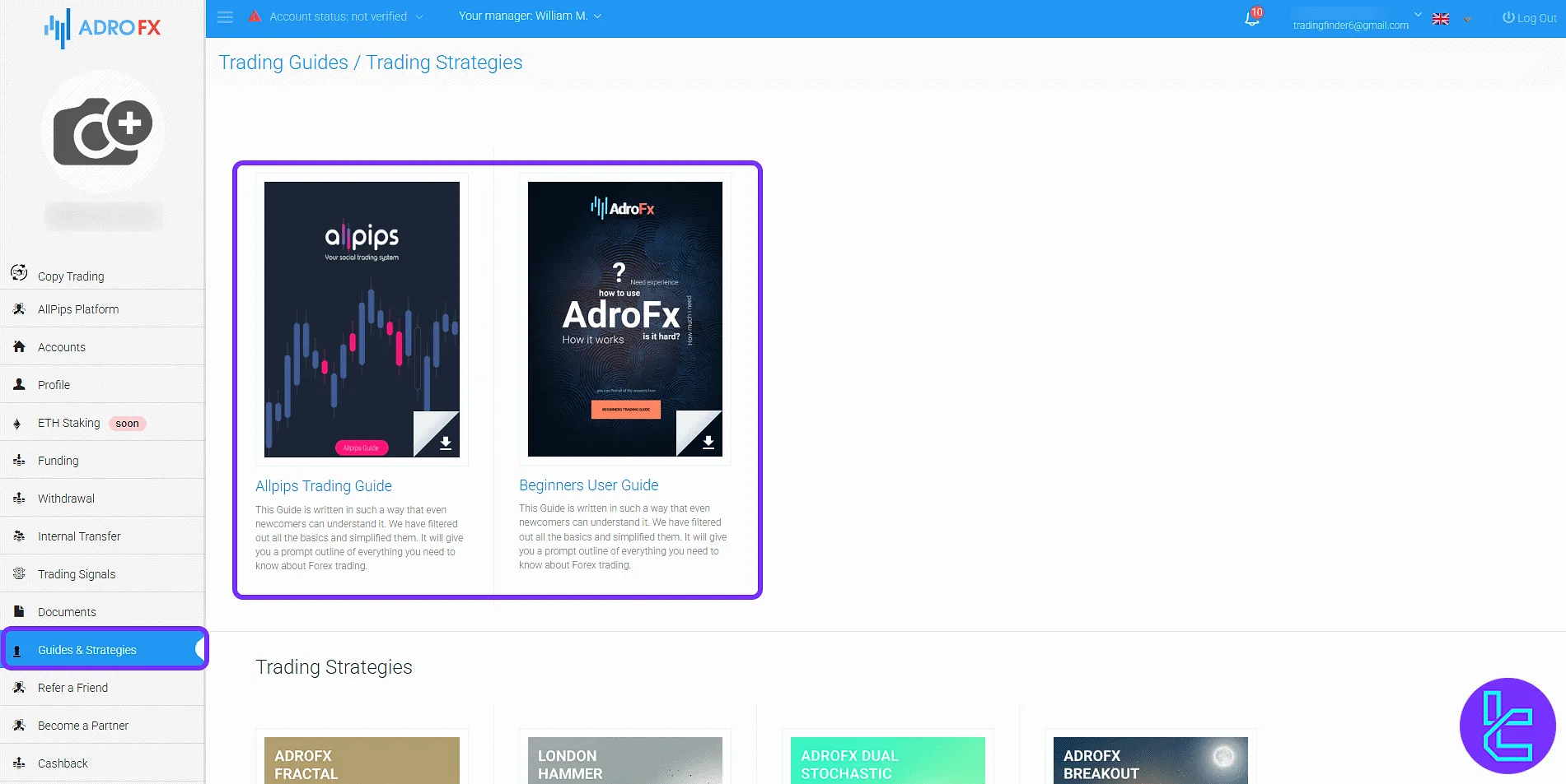 Trading education material downloads in the AdroFX panel