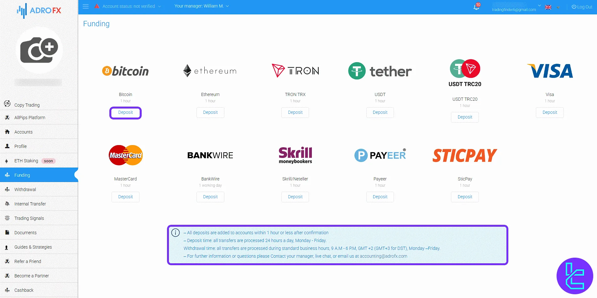 AdroFX trading cabin payment method list for account top-up