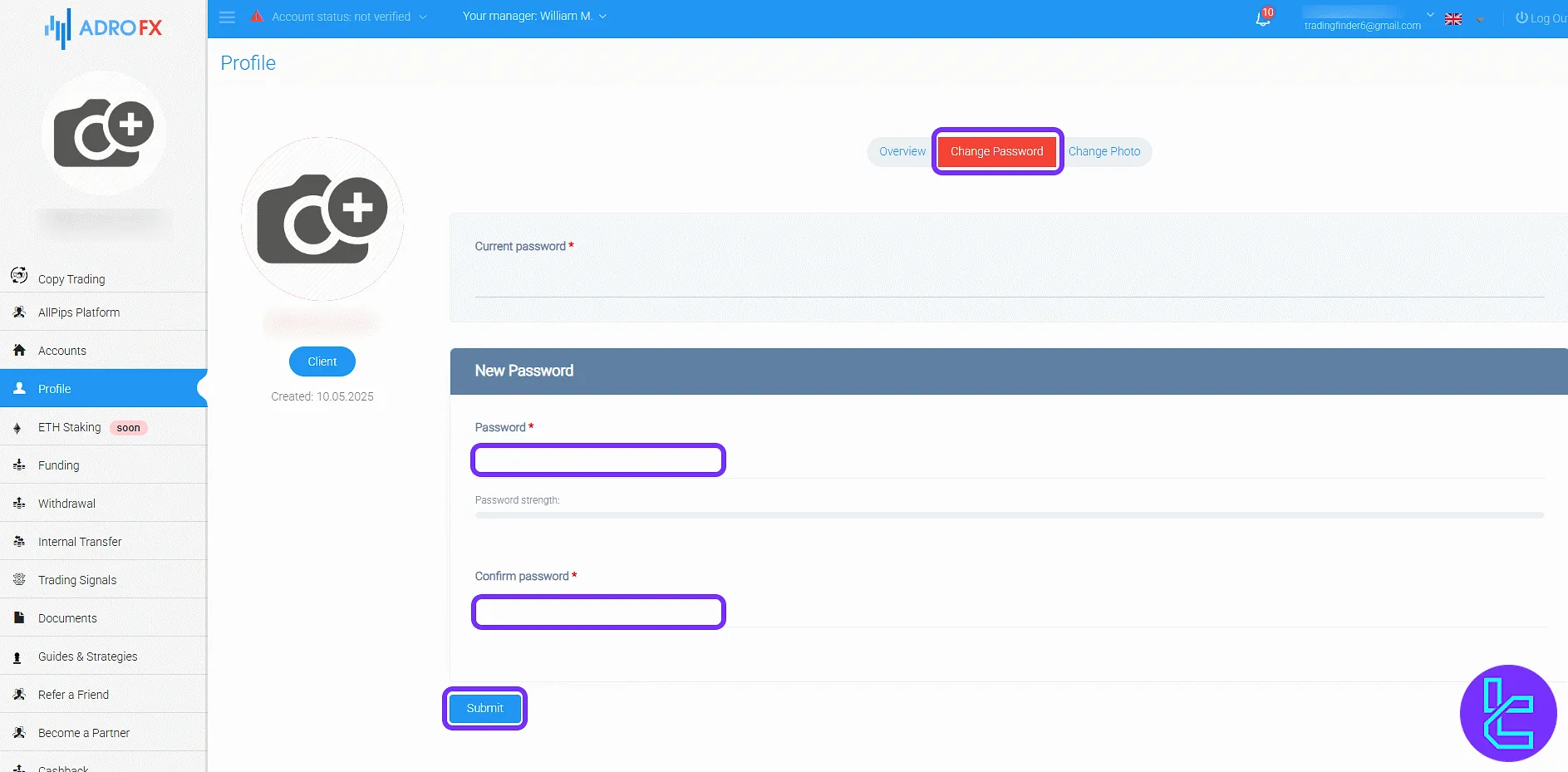 AdroFX panel password change option for trading account