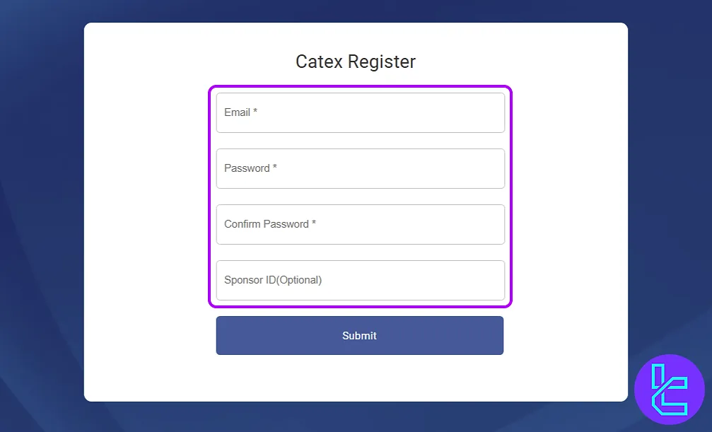 Entering email, password, and referral code during Catex signup