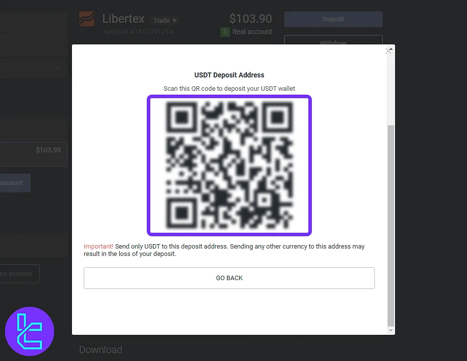 Libertex USDT ERC20 transfer QR code and payment address