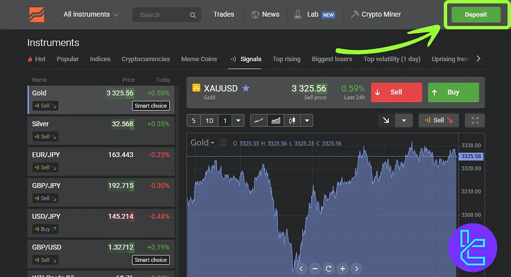 Access the Libertex ERC20 deposit section