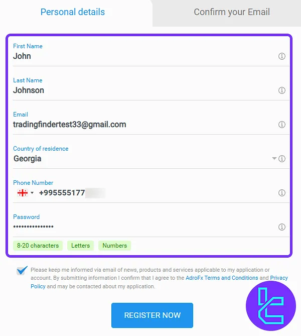 AdroFX sign-up form