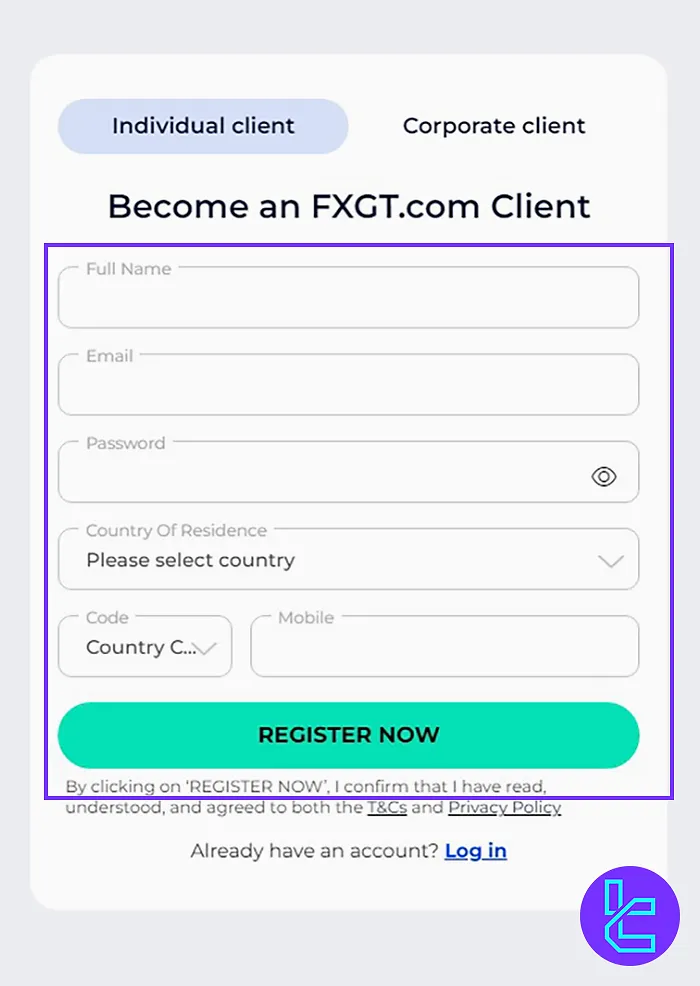 Filling in the registration form in FXGT