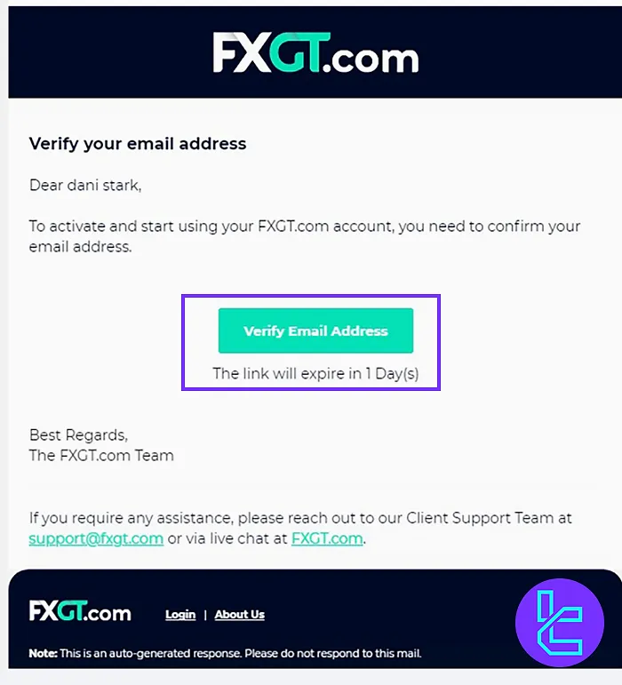 Email verification required for FXGT signup
