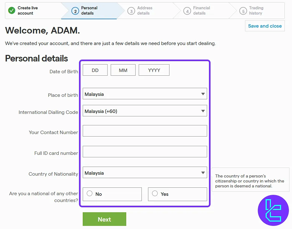 IG personal details form