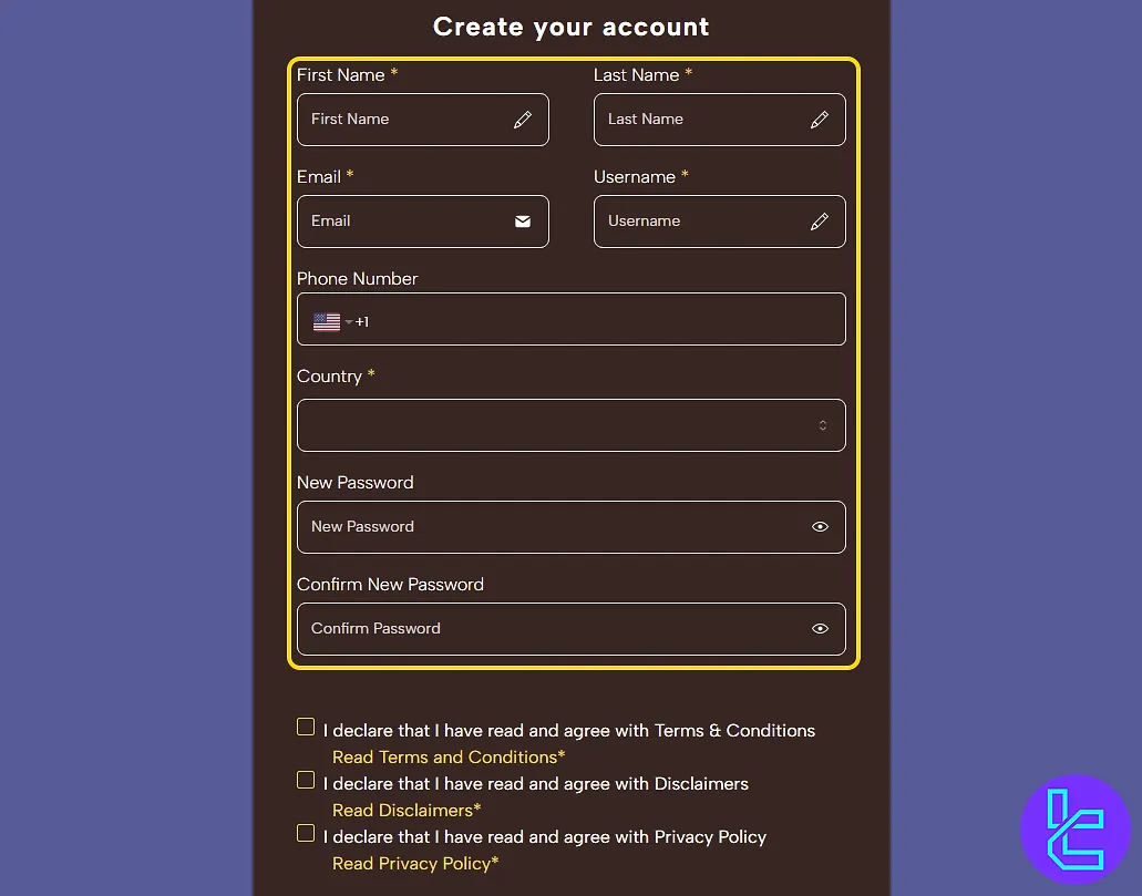 Prop Number One account setup form