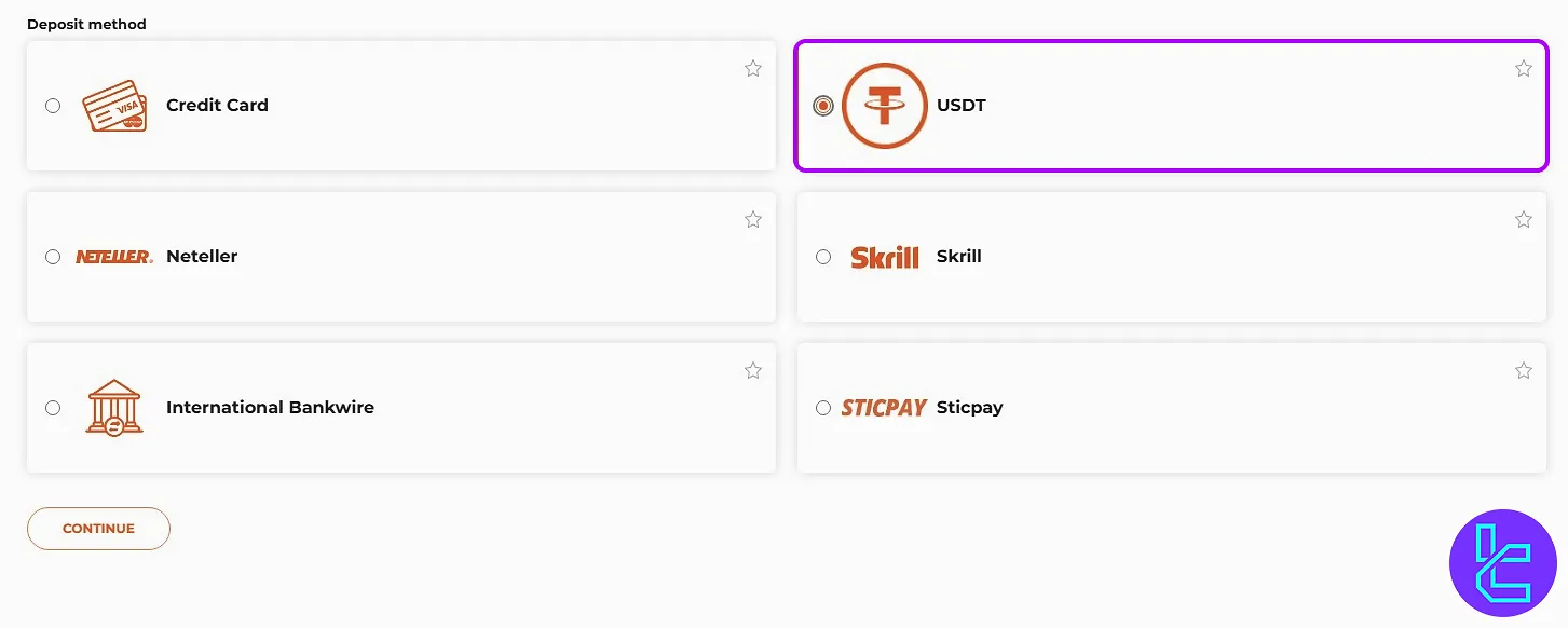 Select USDT on the OQtima TRC20 payment page