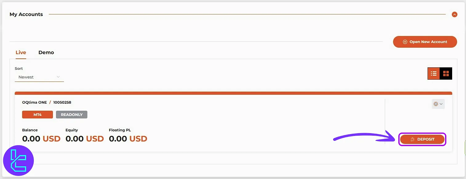 OQtima TRC20 top-up from accounts section