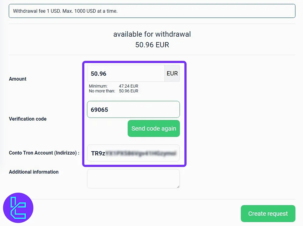 Completing Esperio TRC20 cash out form with amount, address, and verification