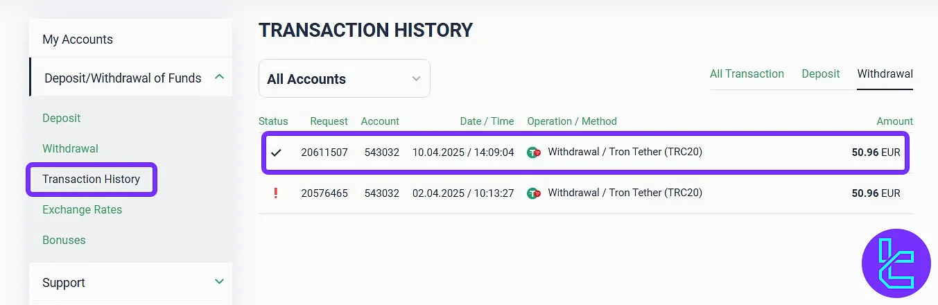 Transaction history showing Esperio TRC20 payout status