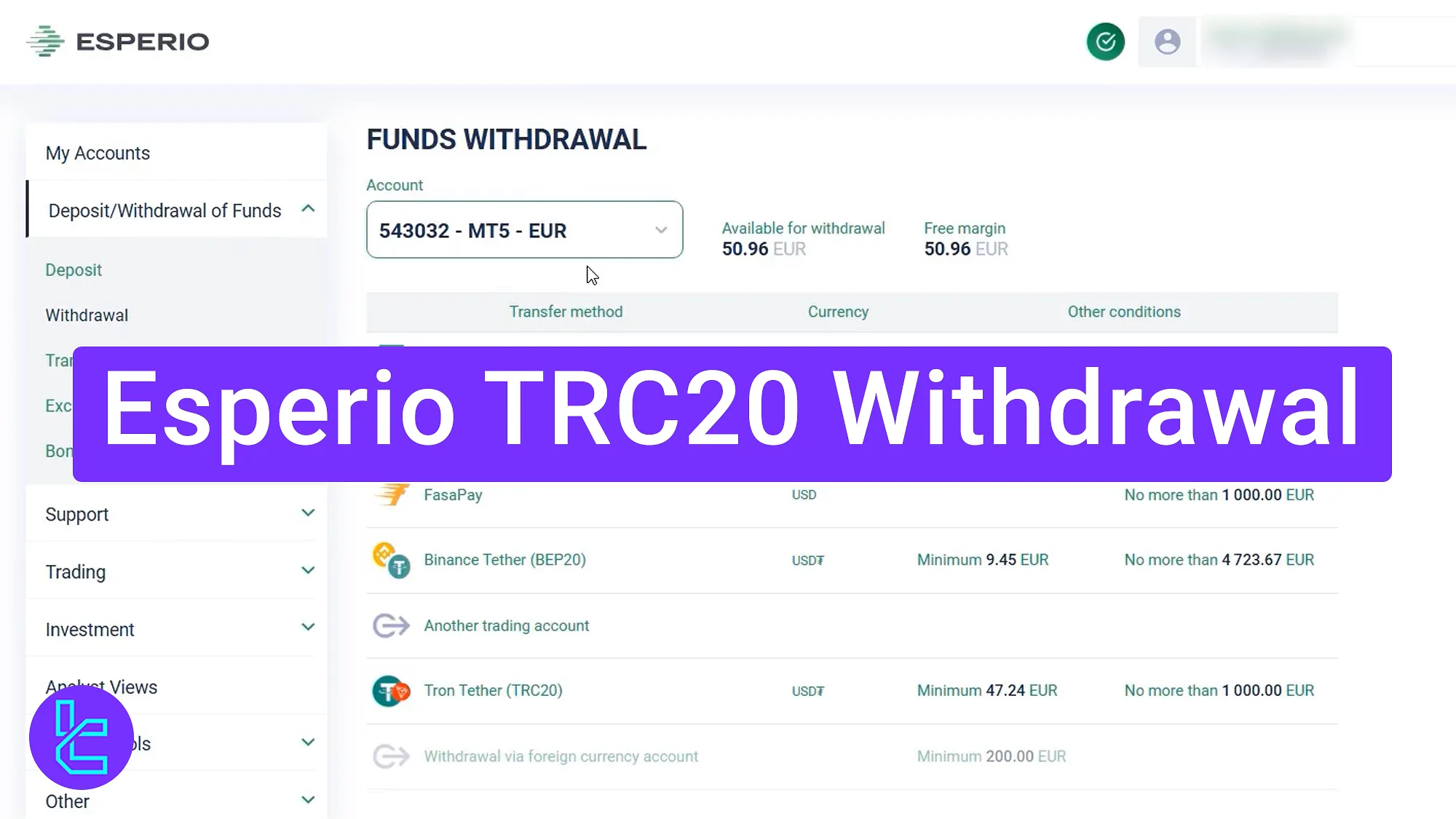 Esperio TRC20 payout process