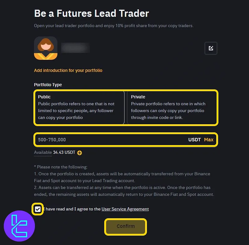 Binance lead trader registration and portfolio selection form in the social trading dashboard