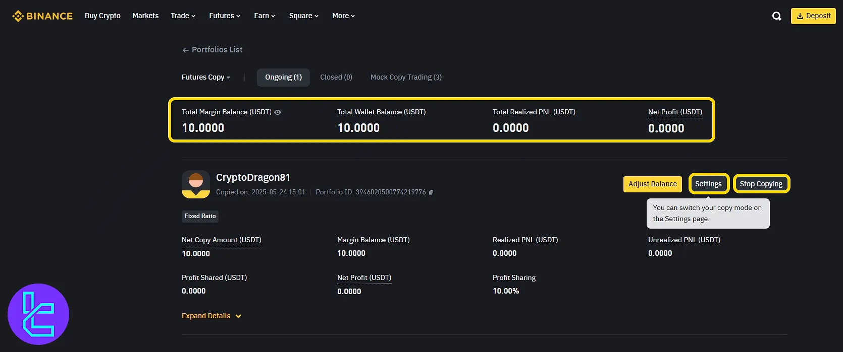 Binance social trading portfolio dashboard with a live performance