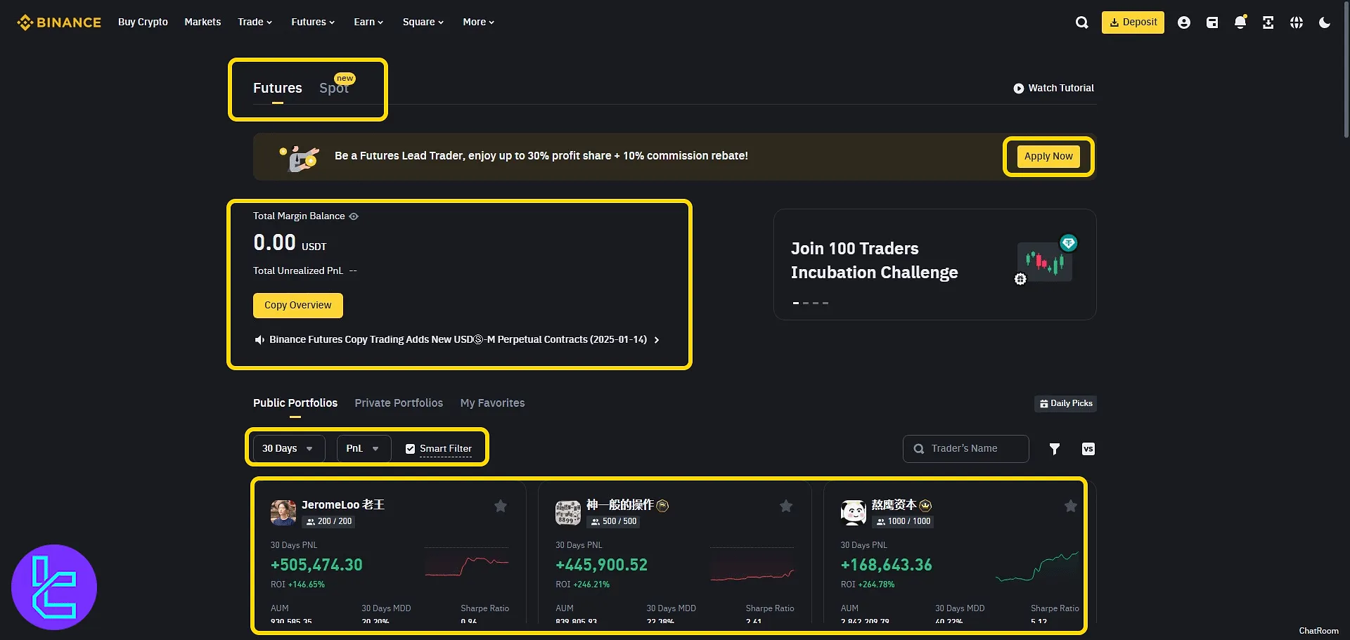 Binance social trading interface with lead trader portfolios