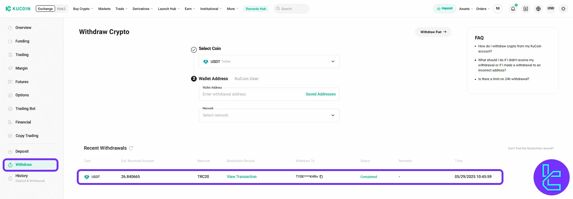 Viewing recent TRC20 transfers in the KuCoin cash-out history tab