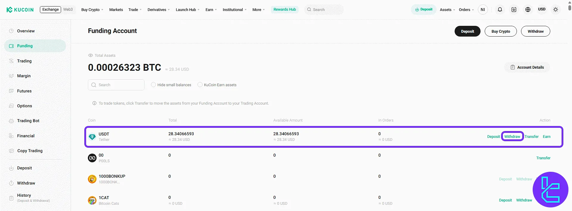 Choosing USDT asset for TRC20 payout initiation on the KuCoin