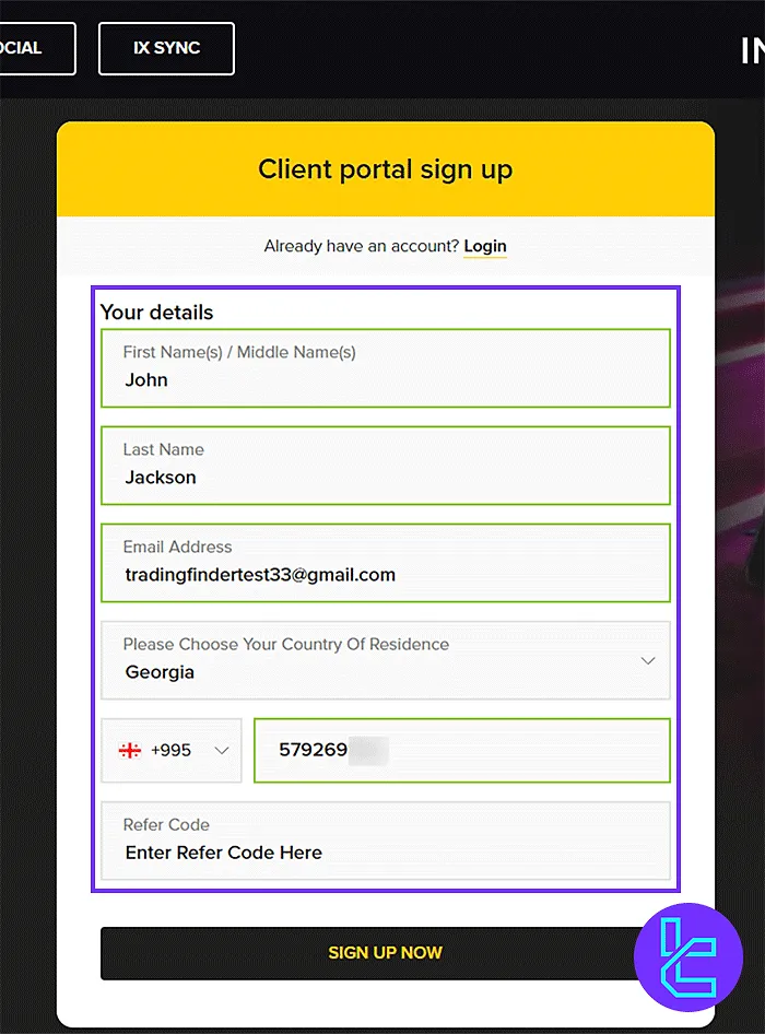 INFINOX signup form