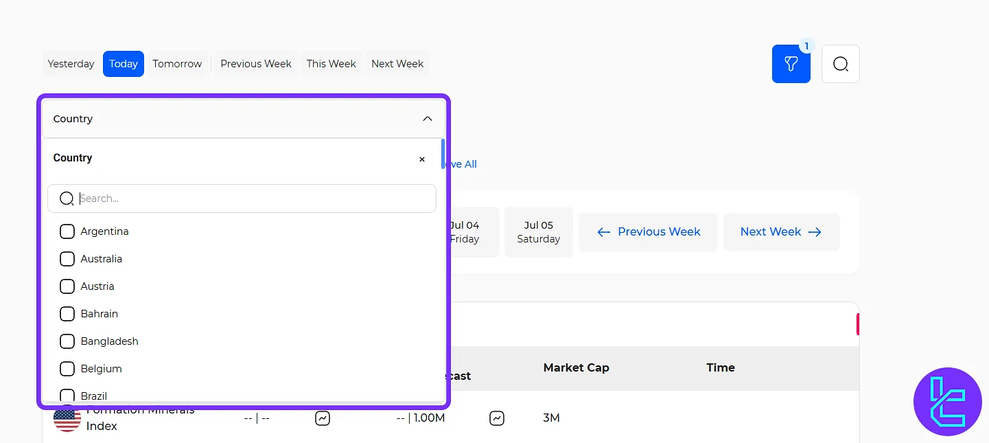 Country filters in the earnings calendar tool