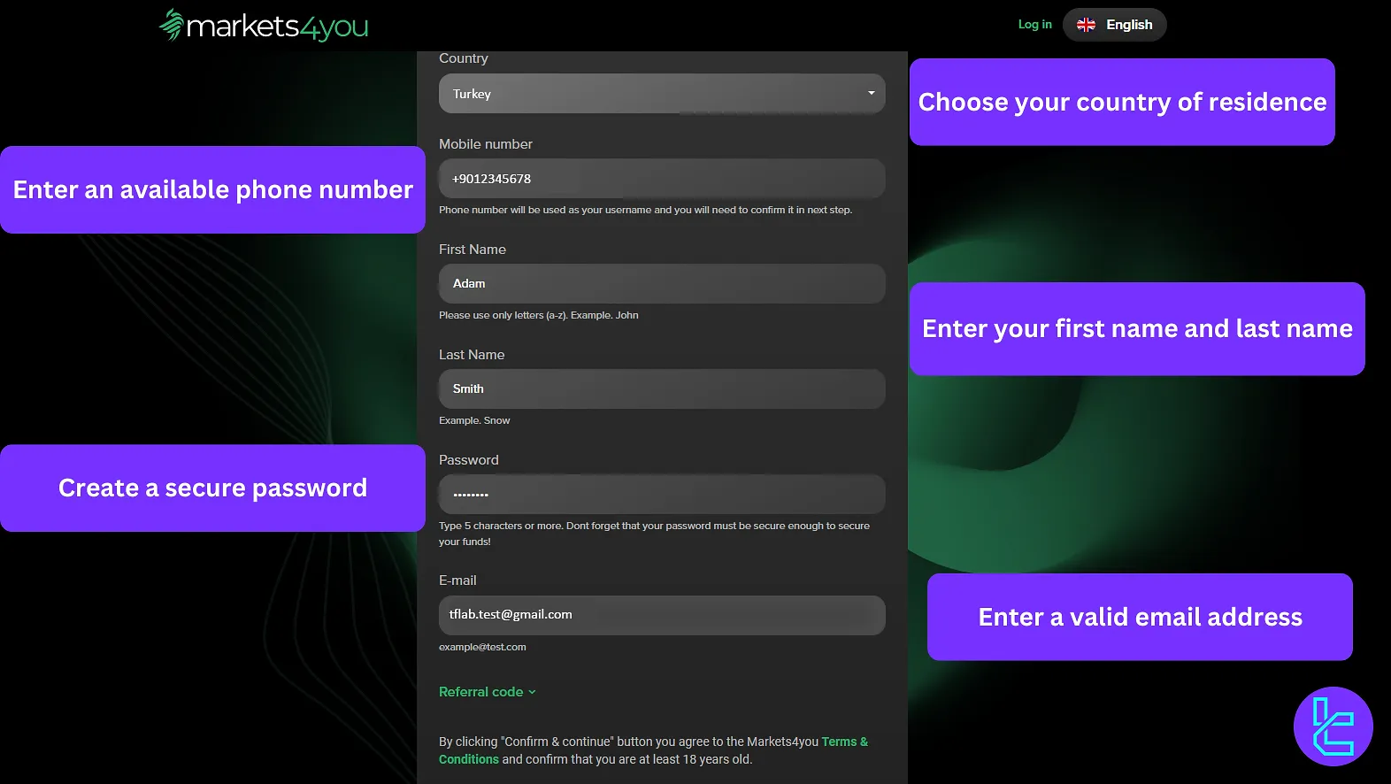Markets4you registration form