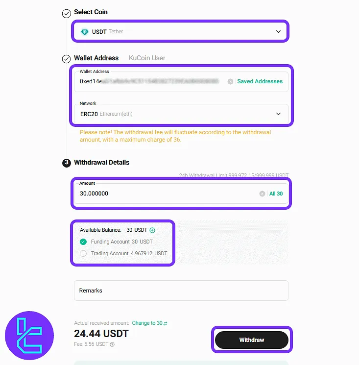 Completing the ERC20 payout request form on the KuCoin