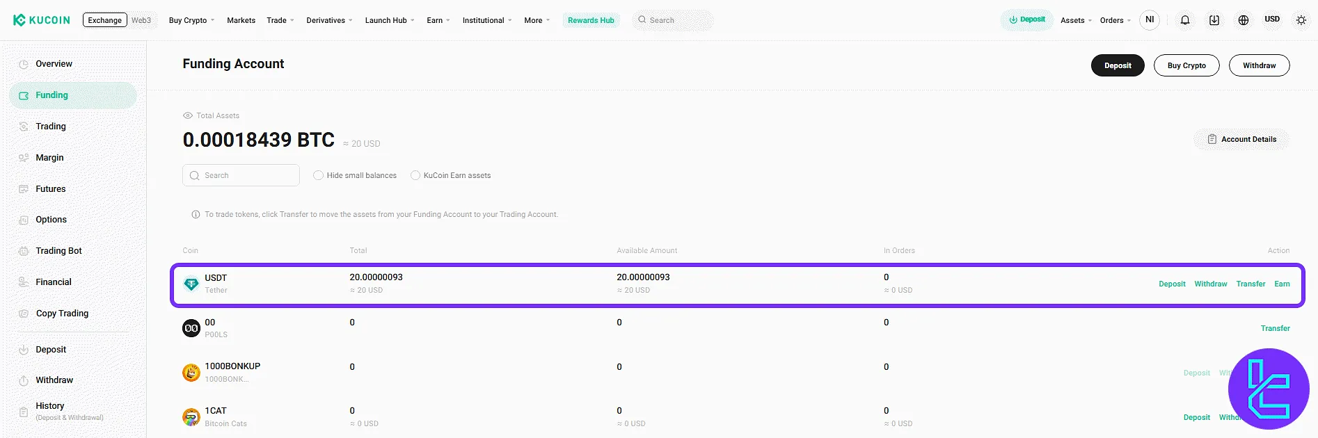 Initiating USDT ERC20 transfer request on the KuCoin dashboard