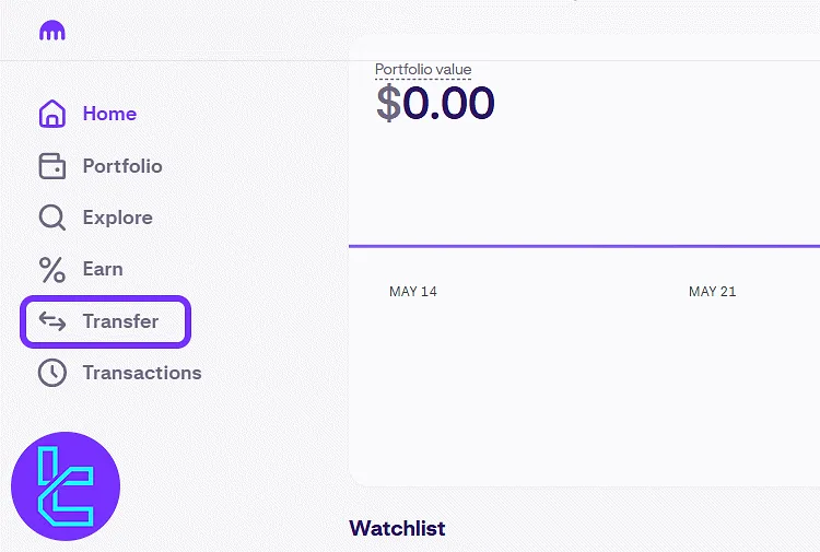 Kraken dashboard showing the "Transfer" button access to initiate the funding process
