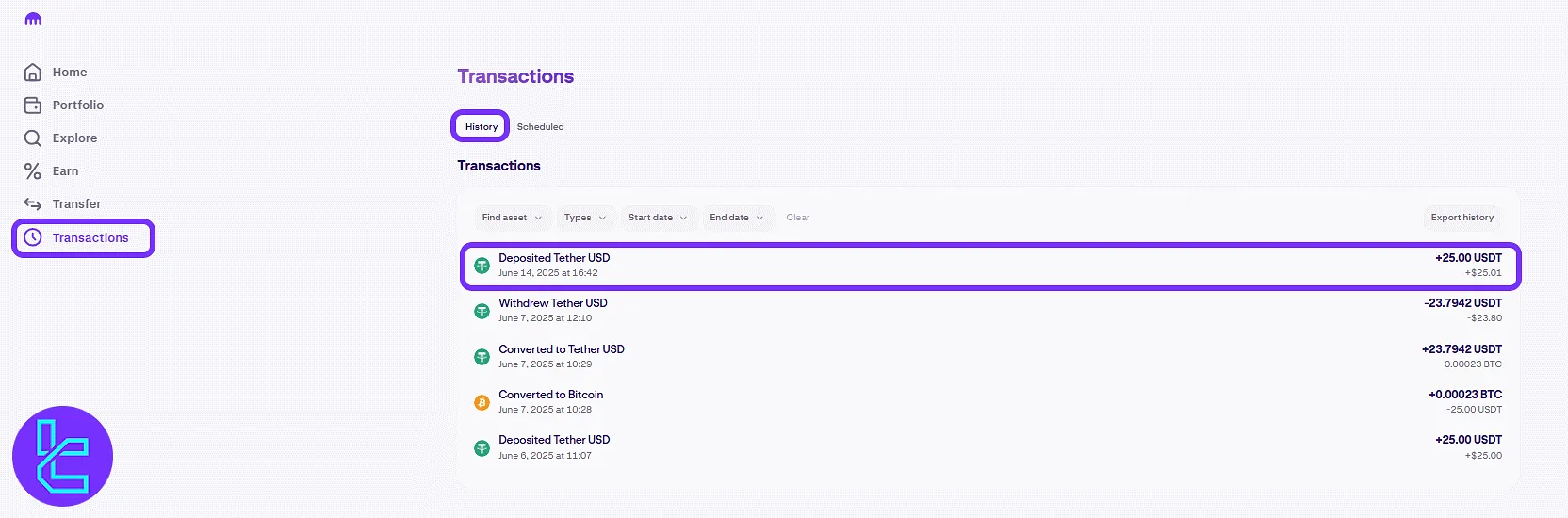 Kraken ERC20 transaction history shows the funding records