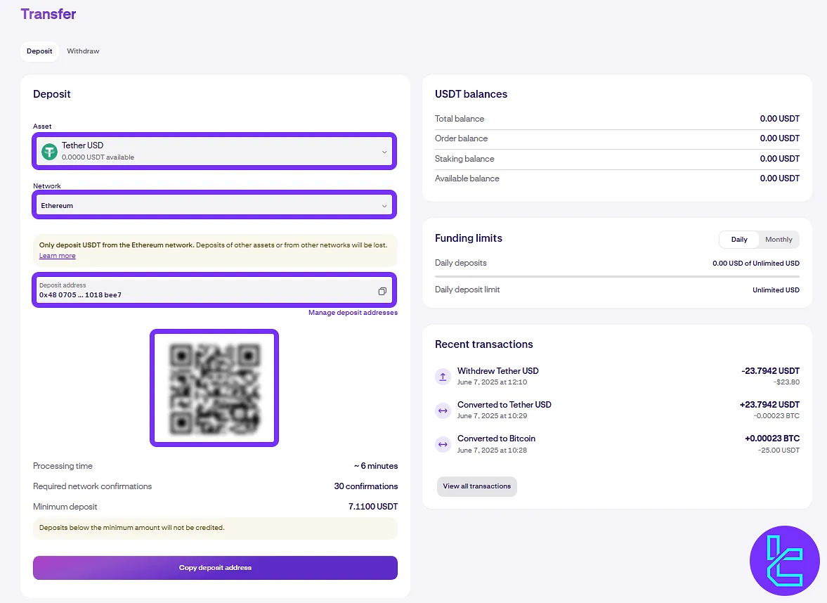 Kraken ERC20 funding page with asset and network selection