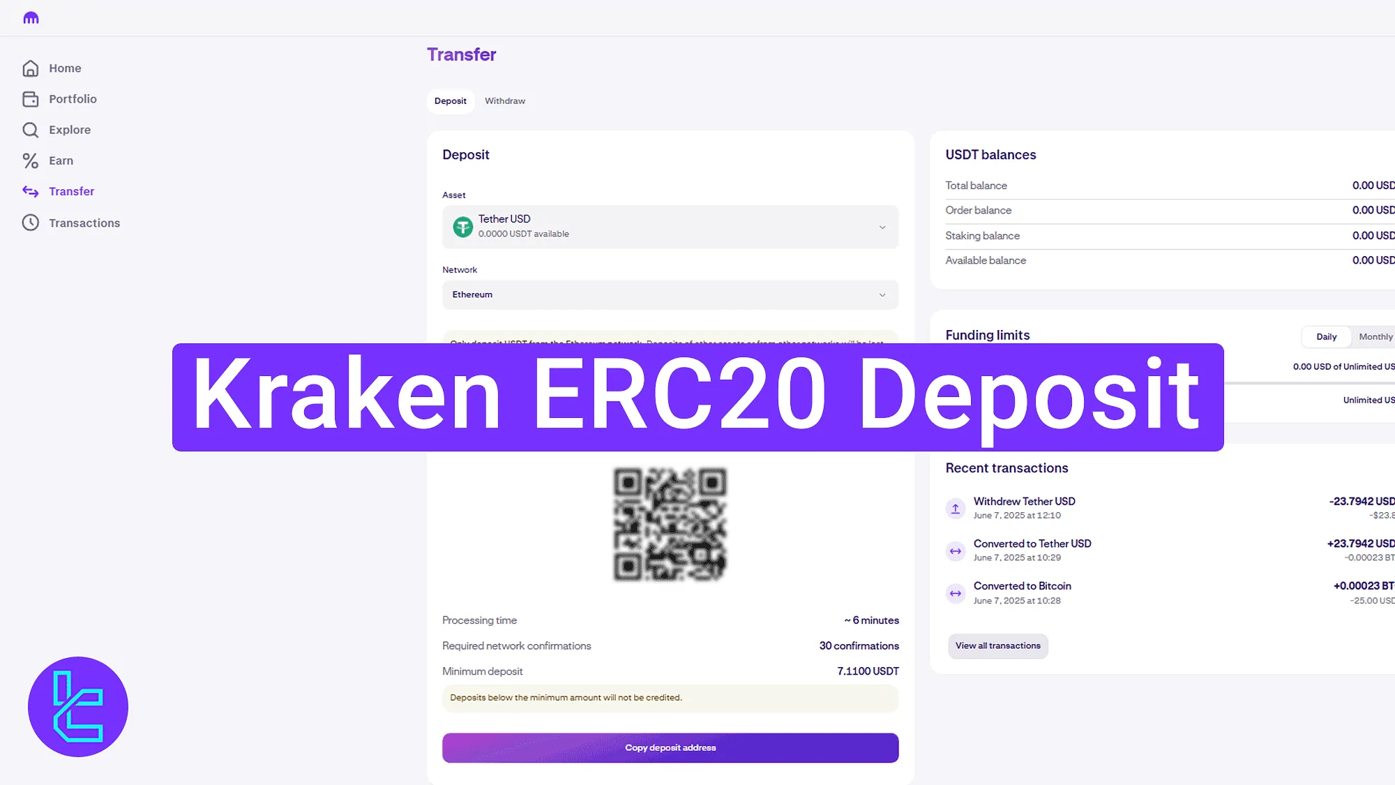 Kraken USDT ERC20 top-up tutorial interface