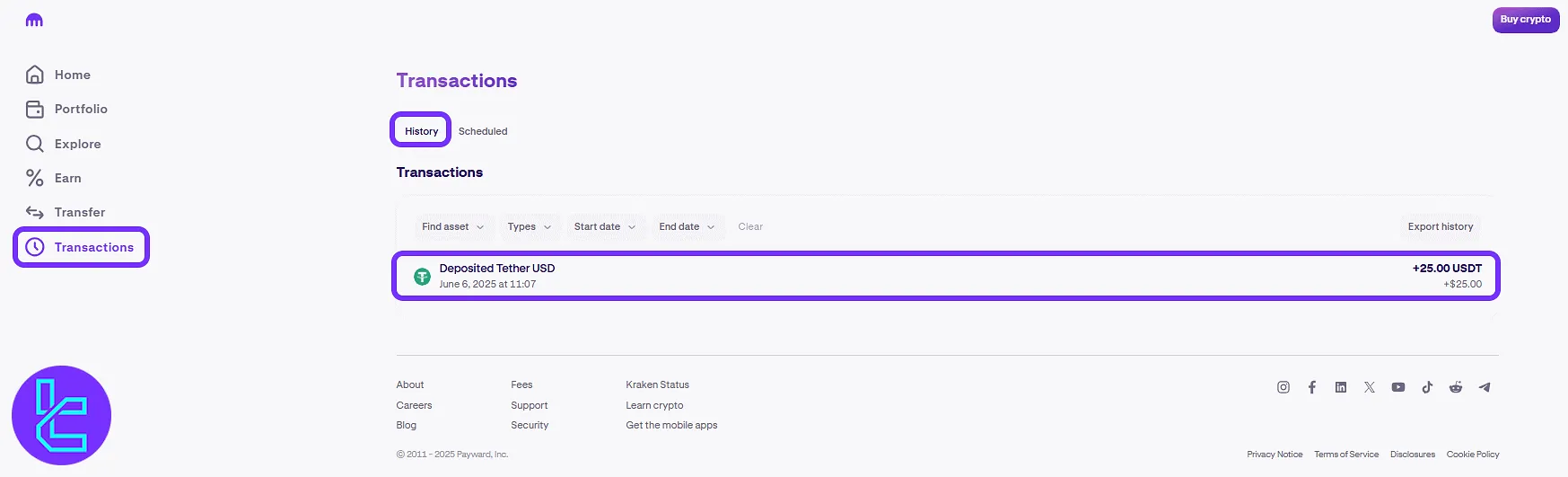 Select Tether TRC-20, generating wallet address, and copying for the Kraken TRC20 top-up transfer