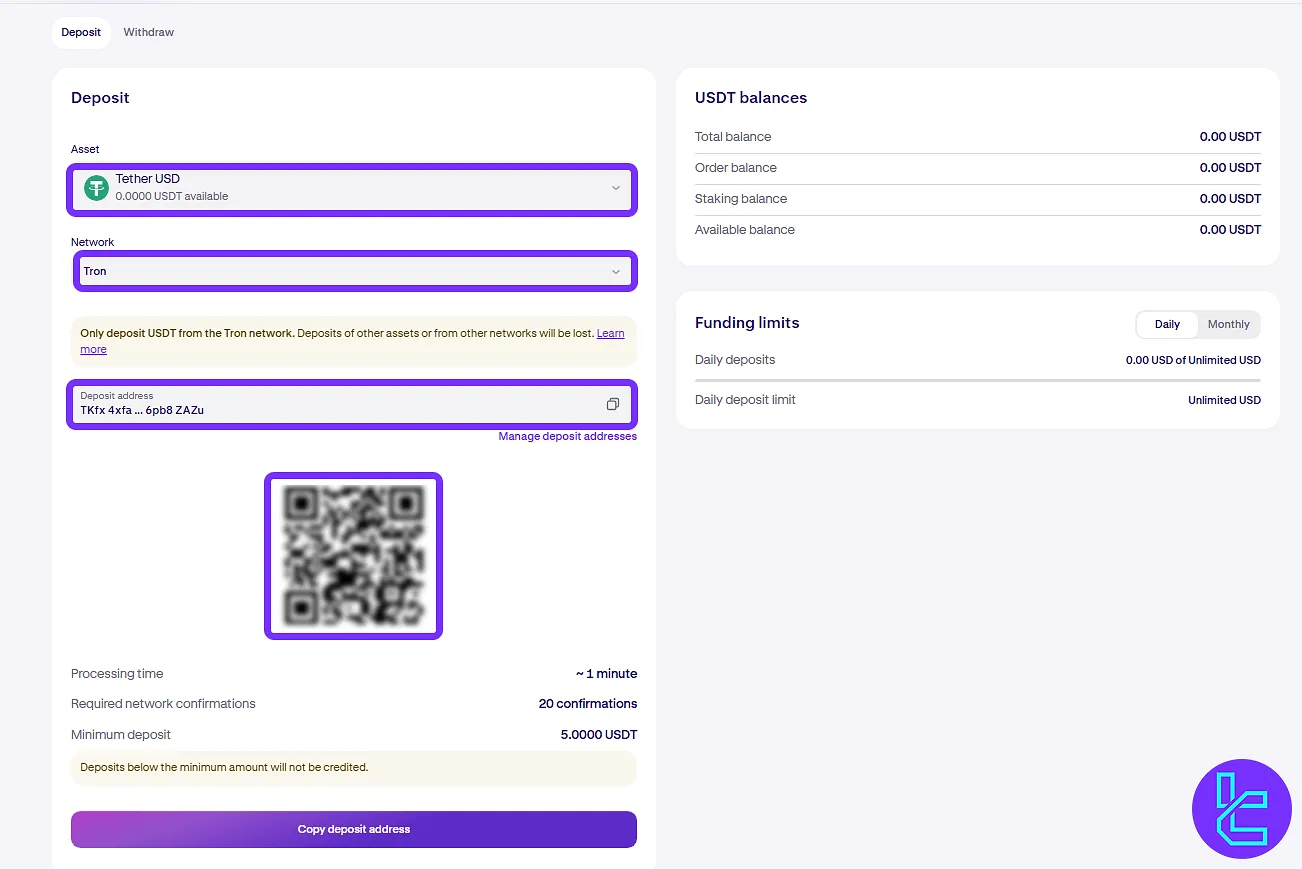 Kraken TRC20 funding page with asset and network selection