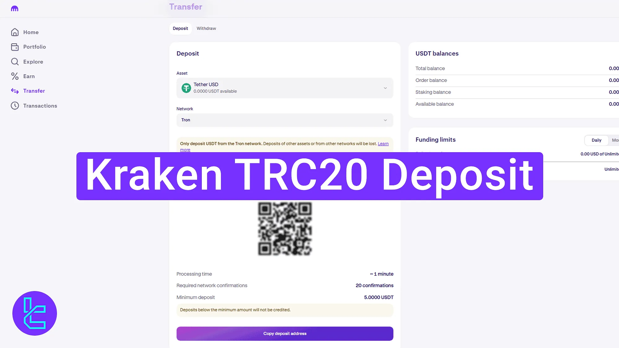 Kraken USDT TRC20 top-up tutorial interface